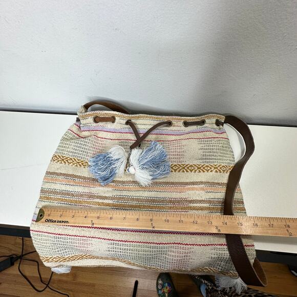 Lovestitch Tan Multicolor Striped Canvas Boho Bag Drawstring Snap Closure - Picture 15 of 16